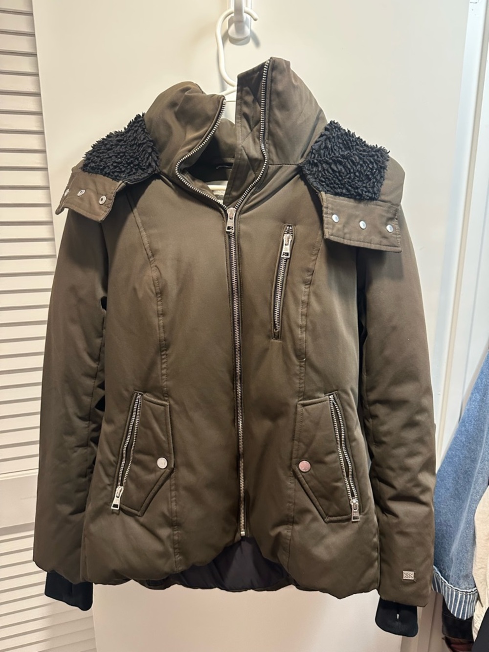 Soia & Kyo Olive Green Hooded Puffer with Faux-Shearling Trim